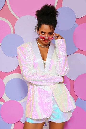 Vita paljetter En knapp Dam Blazer